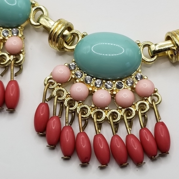 J Crew Beaded Statement Necklace Fan Colorful Multicolor Gold Tone Fringe Dangle - Picture 3 of 11